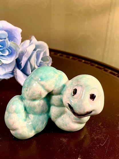 Cute Mint Green Smiling Caterpillar Figurine, Approx. 2.5 Inches