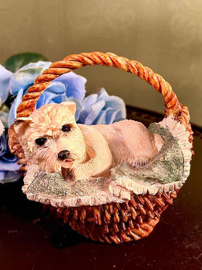 White Terrier in Basket Figurine, Approx. 4.5 Inches