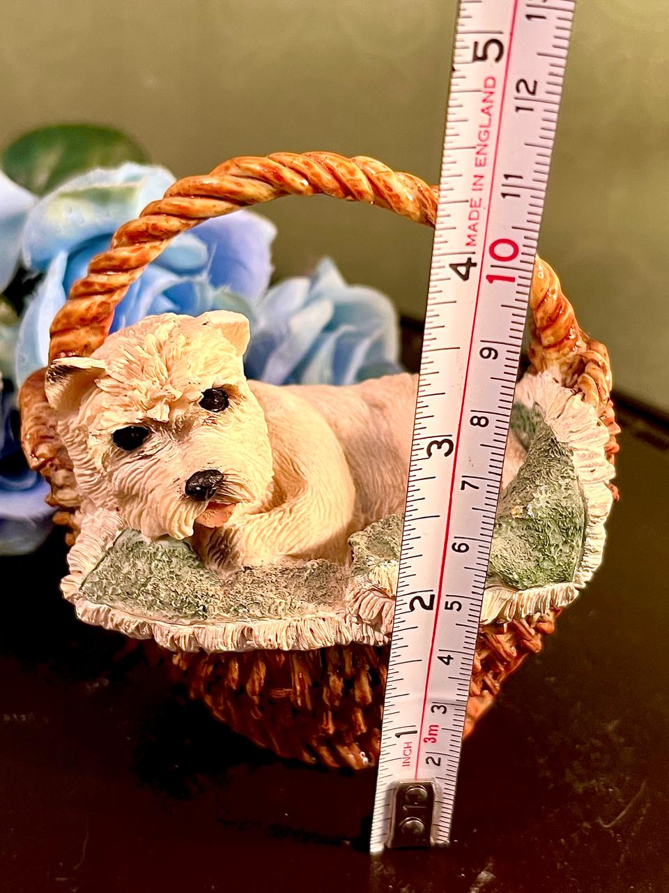 White Terrier in Basket Figurine, Approx. 4.5 Inches