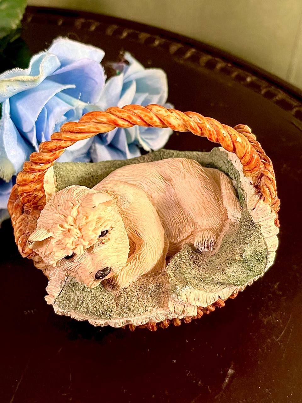 White Terrier in Basket Figurine, Approx. 4.5 Inches