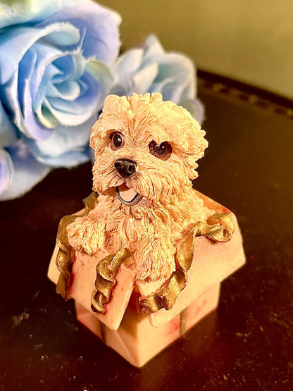Cream Dog on Gift Box Figurine, Approx. 3 Inches