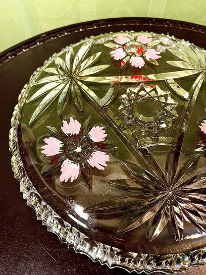 Vintage Crystal Floral Serving Platter Clear Crystal Hand Painted 29cm