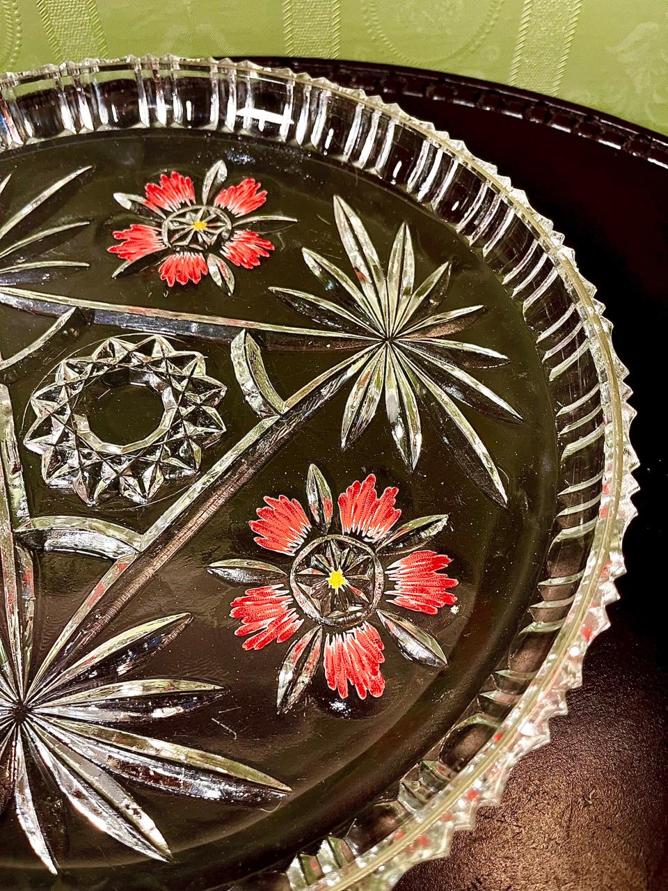 Vintage Crystal Floral Serving Platter Clear Crystal Hand Painted 29cm