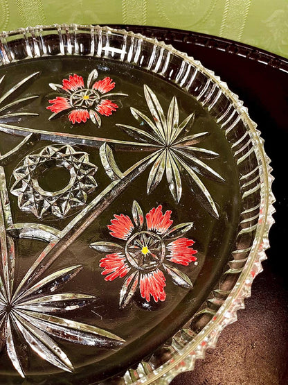 Vintage Crystal Floral Serving Platter Clear Crystal Hand Painted 29cm