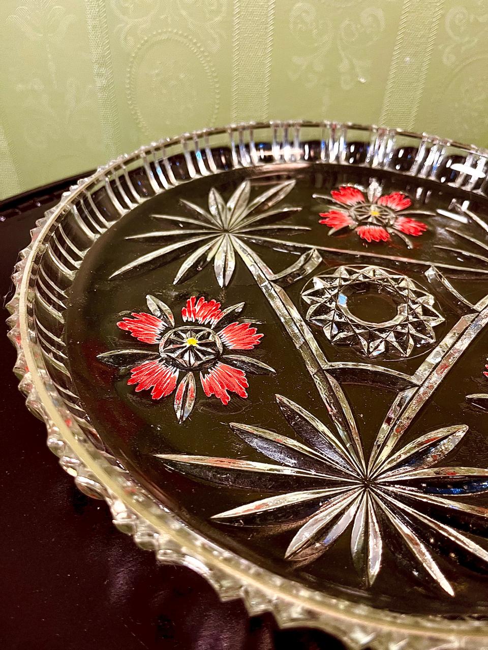 Vintage Crystal Floral Serving Platter Clear Crystal Hand Painted 29cm