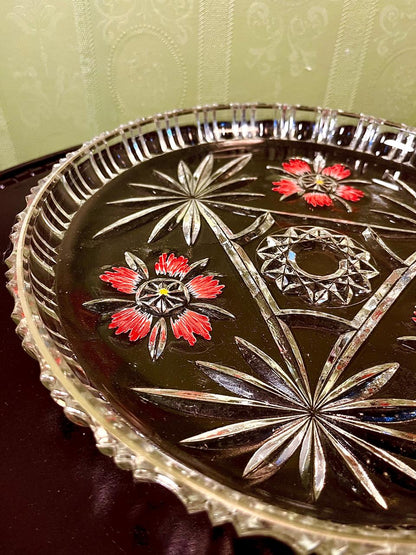 Vintage Crystal Floral Serving Platter Clear Crystal Hand Painted 29cm