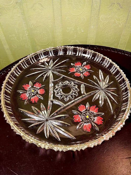 Vintage Crystal Floral Serving Platter Clear Crystal Hand Painted 29cm