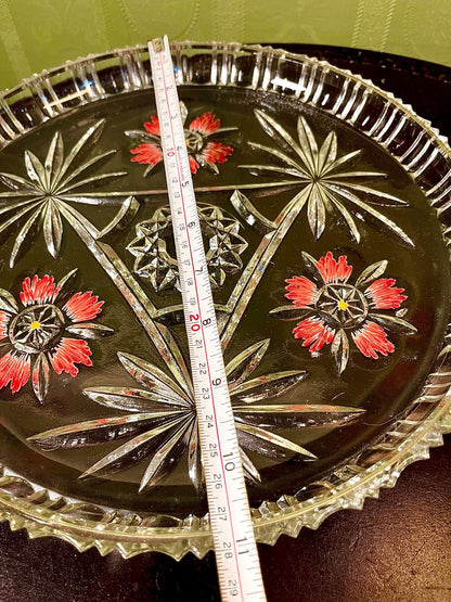 Vintage Crystal Floral Serving Platter Clear Crystal Hand Painted 29cm