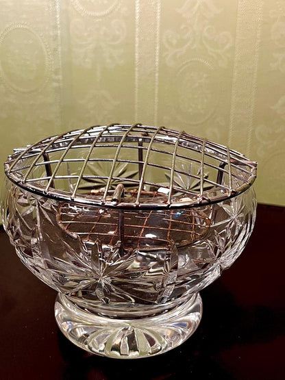 Vintage Cut Crystal Flower Bowl with Metal Frog Lid 15cm