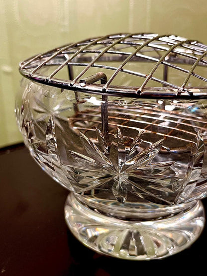 Vintage Cut Crystal Flower Bowl with Metal Frog Lid 15cm
