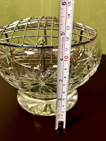 Vintage Cut Crystal Flower Bowl with Metal Frog Lid 15cm