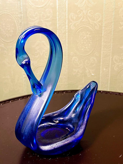 Vintage Cobalt Blue Art Glass Swan Dish 18cm