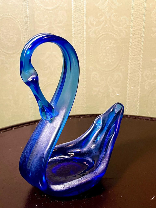 Vintage Cobalt Blue Art Glass Swan Dish 18cm