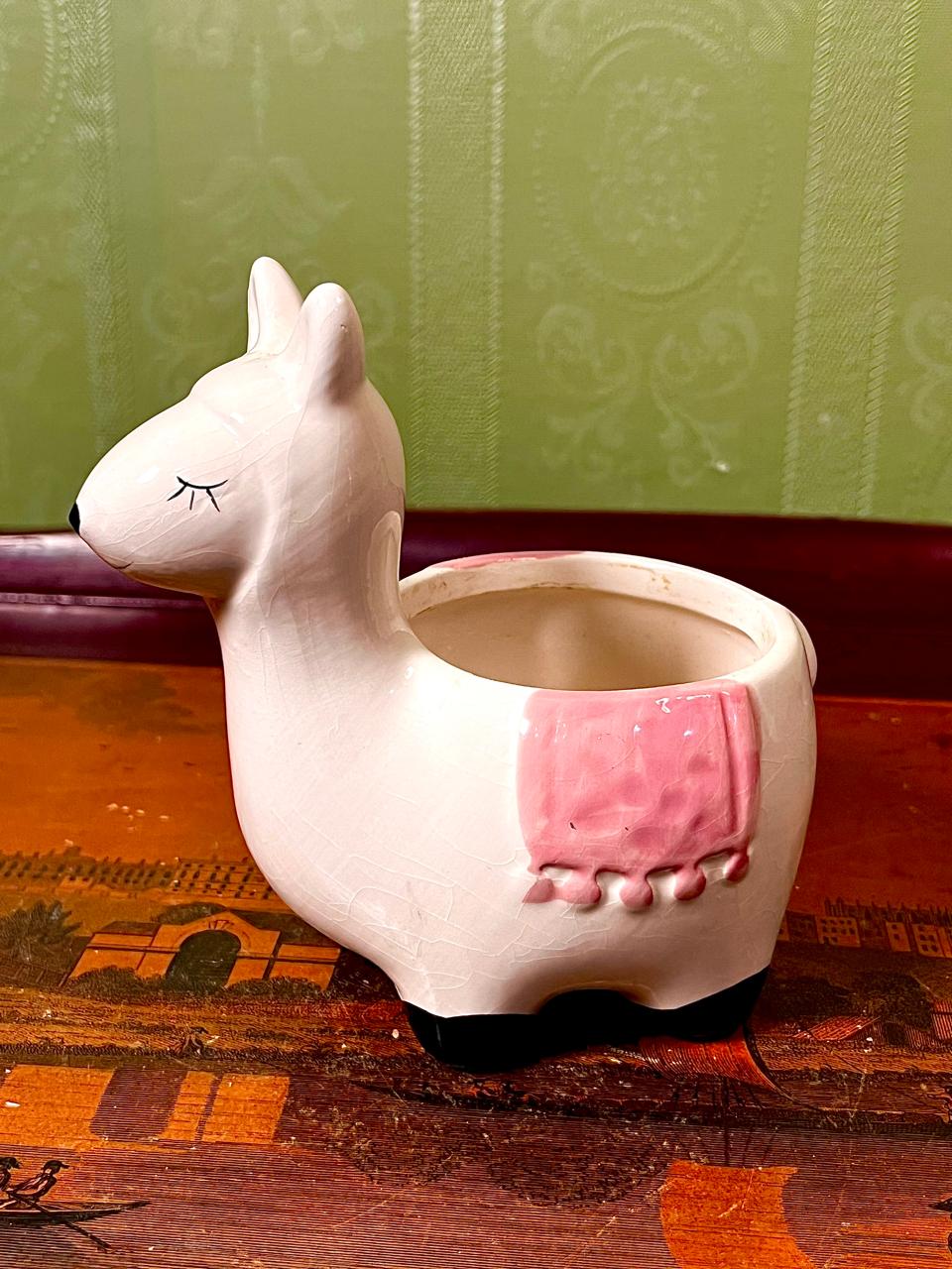 Vintage Ceramic Donkey Planter White & Pink 13cm