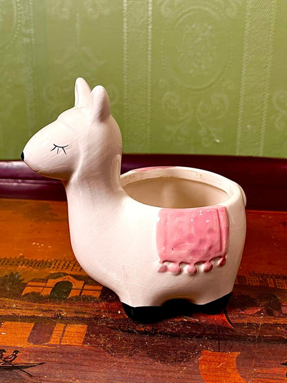 Vintage Ceramic Donkey Planter White & Pink 13cm