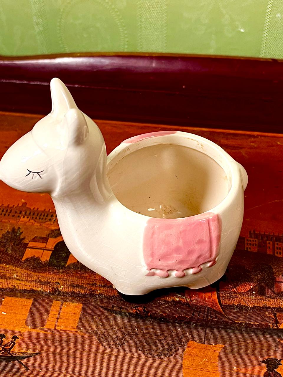 Vintage Ceramic Donkey Planter White & Pink 13cm