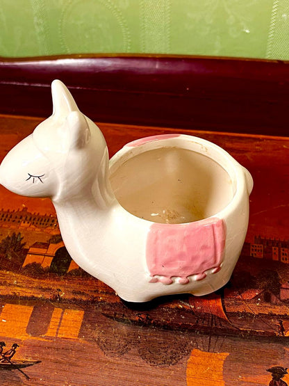Vintage Ceramic Donkey Planter White & Pink 13cm