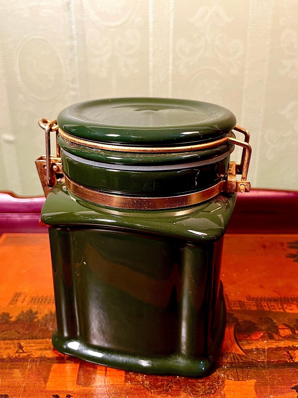 Vintage Green Ceramic Lidded Storage Jar with Clamp 15cm