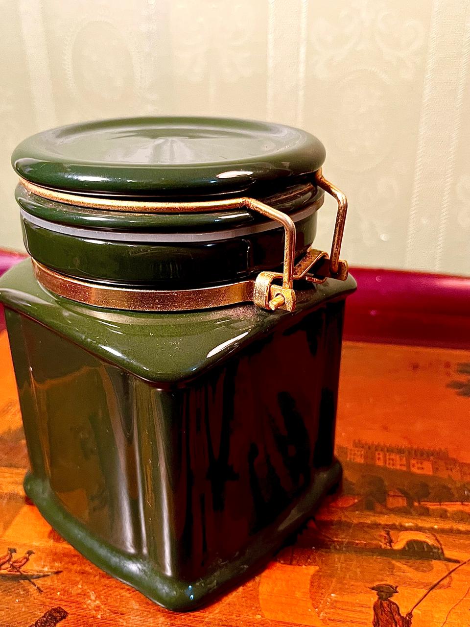 Vintage Green Ceramic Lidded Storage Jar with Clamp 15cm