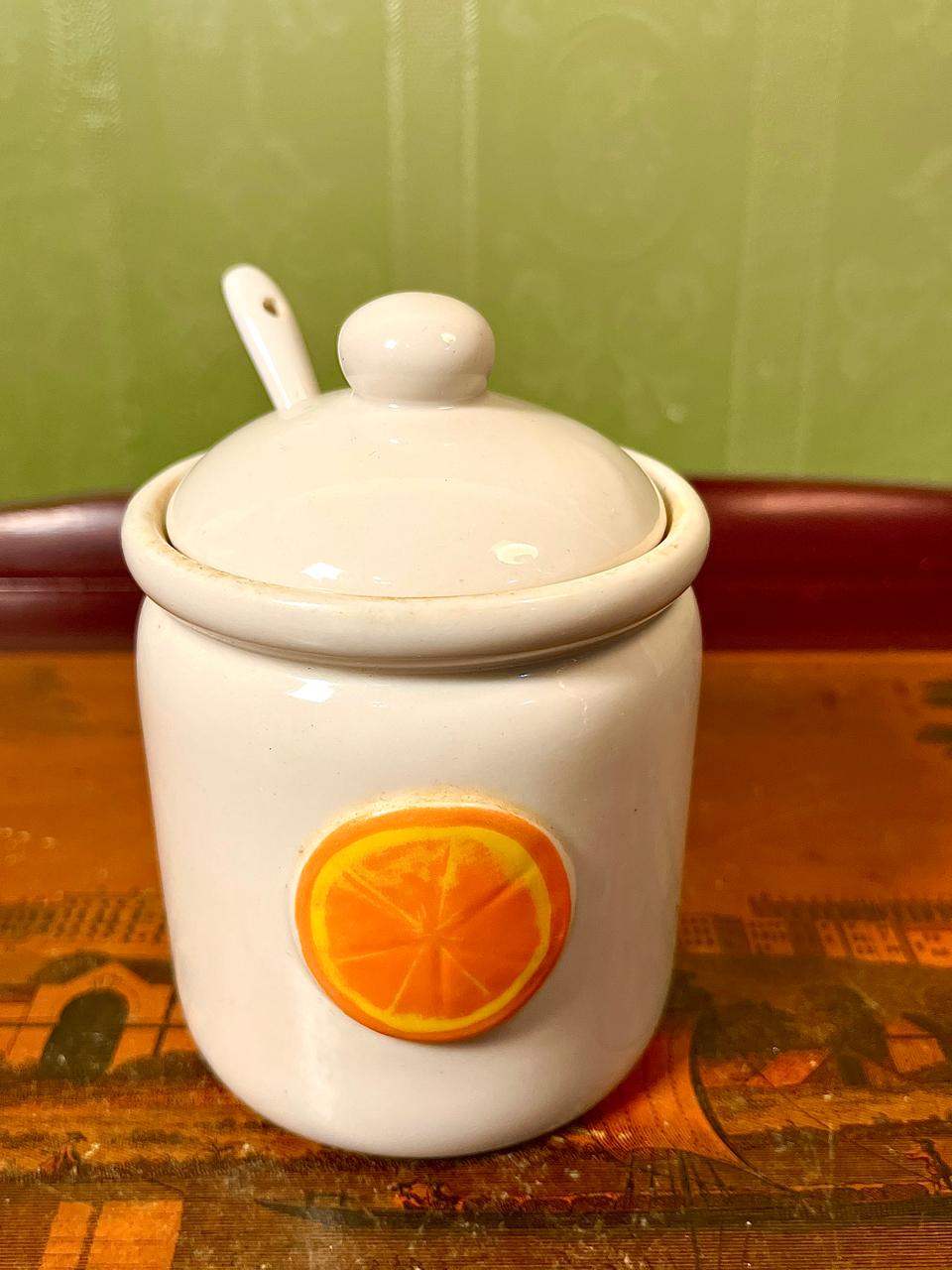 Vintage Ceramic Orange Motif Condiment Jar with Spoon 10cm