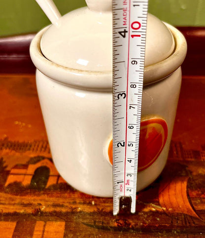 Vintage Ceramic Orange Motif Condiment Jar with Spoon 10cm