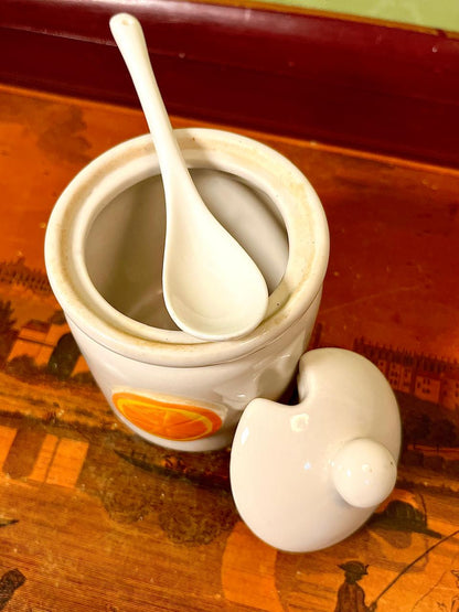 Vintage Ceramic Orange Motif Condiment Jar with Spoon 10cm