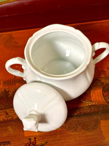 Vintage White Ceramic Lidded Sugar Bowl with Handles 10cm