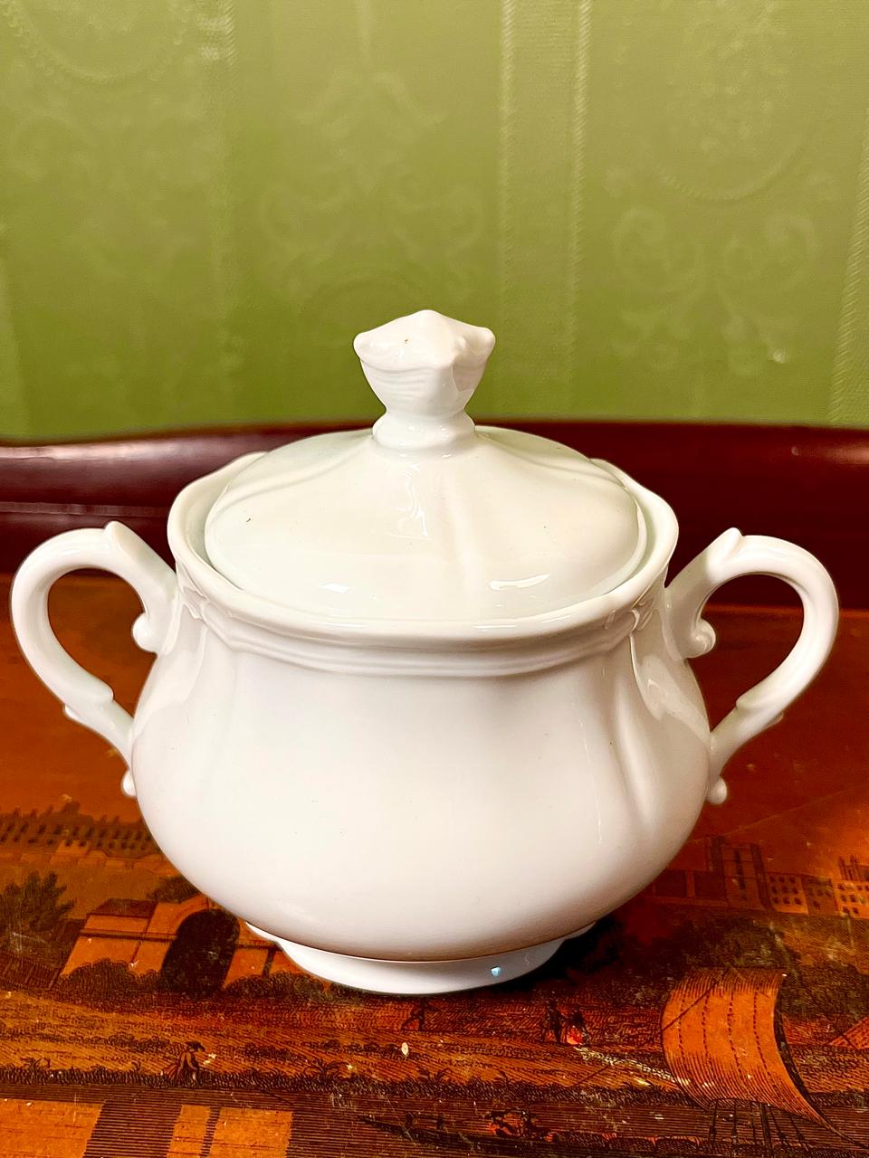 Vintage White Ceramic Lidded Sugar Bowl with Handles 10cm