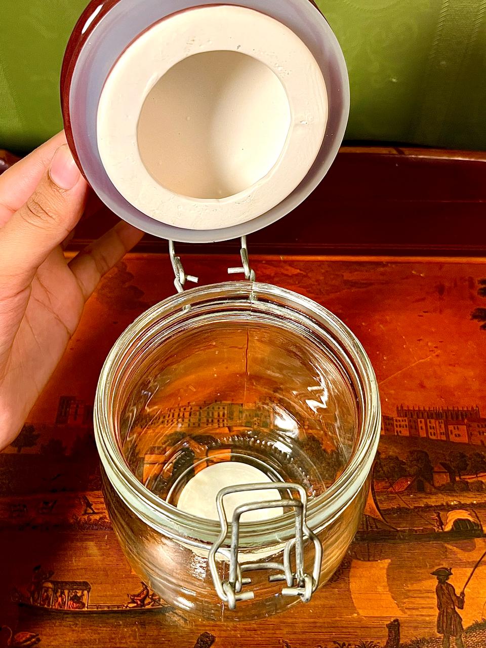 Vintage Crystal Storage Jar with Red Clamp Lid 16cm