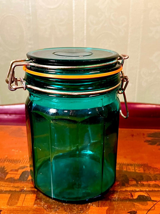 Vintage Green Crystal Storage Jar with Clamp Lid 15cm
