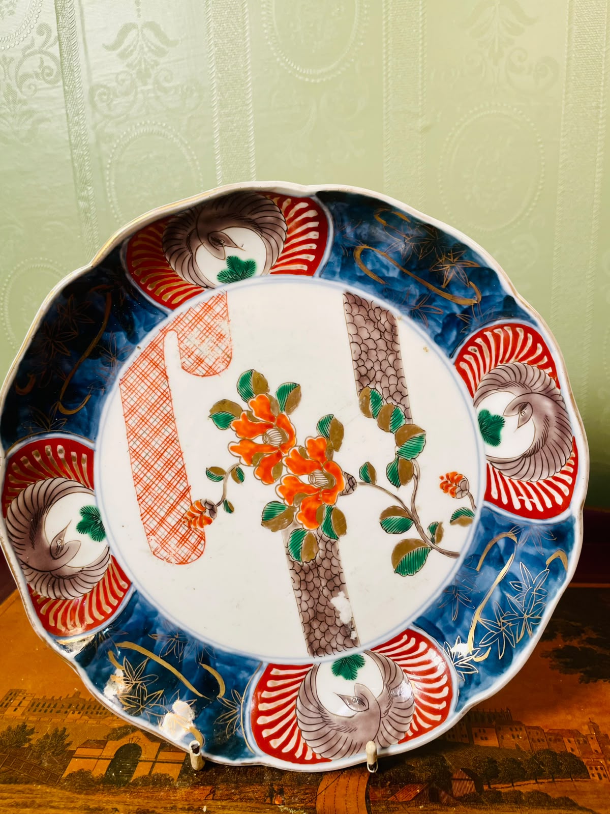 Bird & Floral Decorative Wall Plate Blue Red Gold 8 in