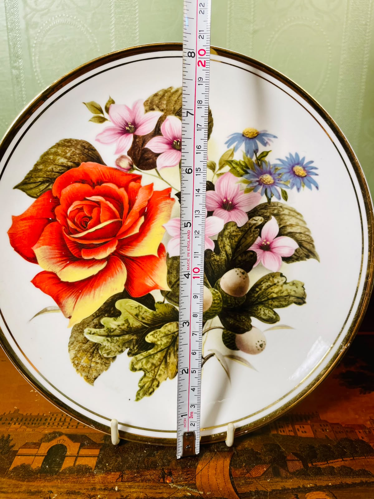 Edwardian Fine Bone China Floral Wall Plate Gold Rim 8 in