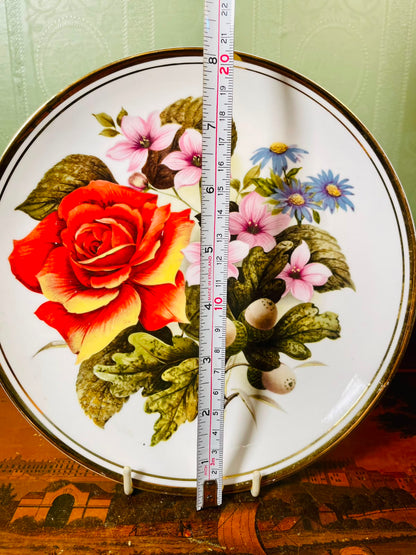 Edwardian Fine Bone China Floral Wall Plate Gold Rim 8 in