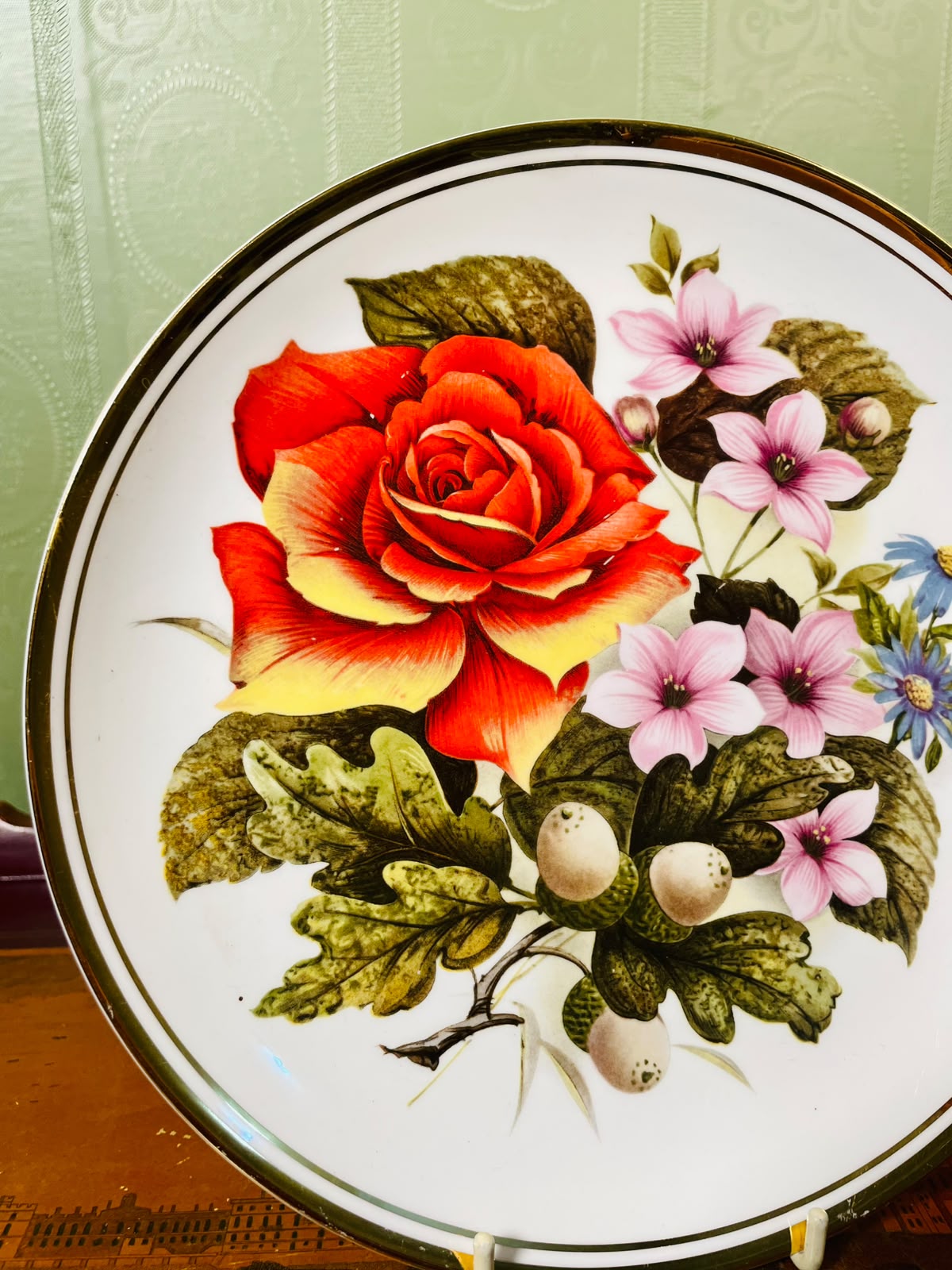 Edwardian Fine Bone China Floral Wall Plate Gold Rim 8 in