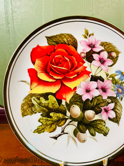 Edwardian Fine Bone China Floral Wall Plate Gold Rim 8 in