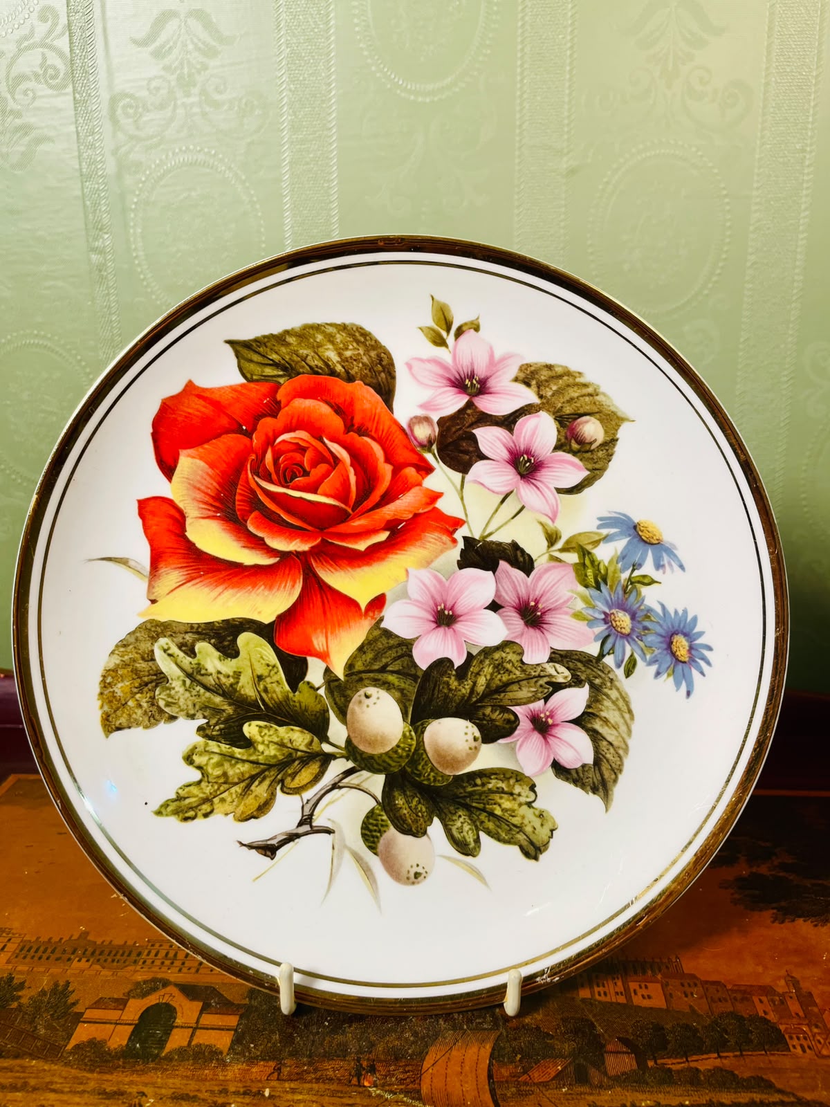Edwardian Fine Bone China Floral Wall Plate Gold Rim 8 in
