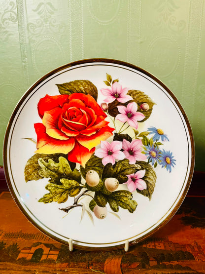Edwardian Fine Bone China Floral Wall Plate Gold Rim 8 in