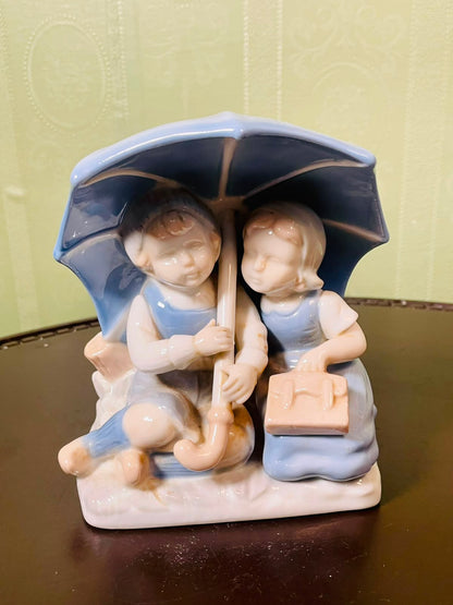 Vintage Porcelain Children Under Umbrella Figurine 16 cm