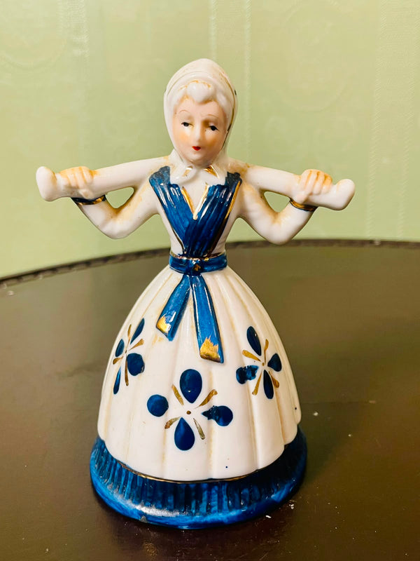 Vintage Blue & White Lady Figurine Carrying Yoke 12 cm