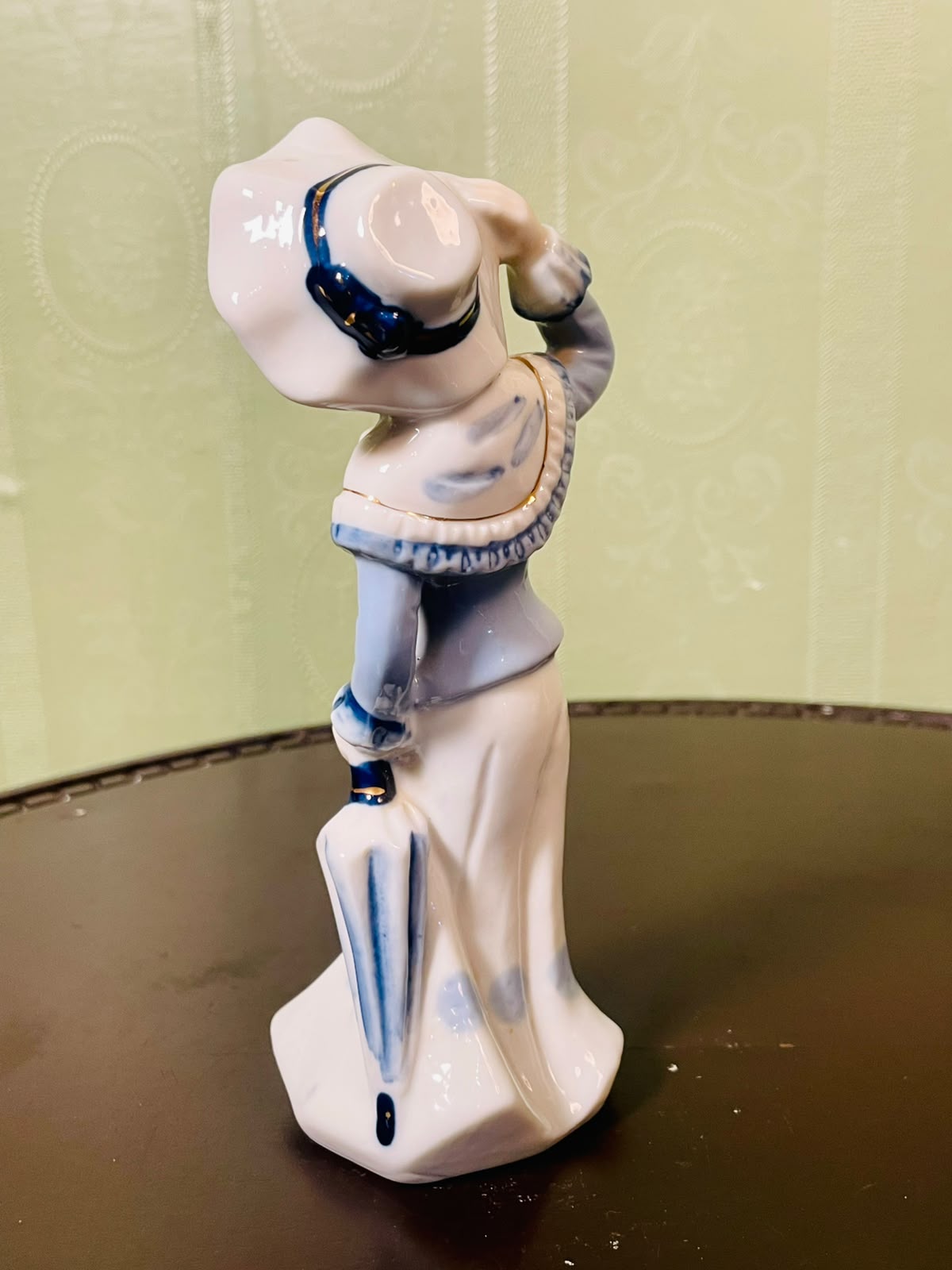 Blue & White Lady with Parasol Ceramic Figurine 16 cm