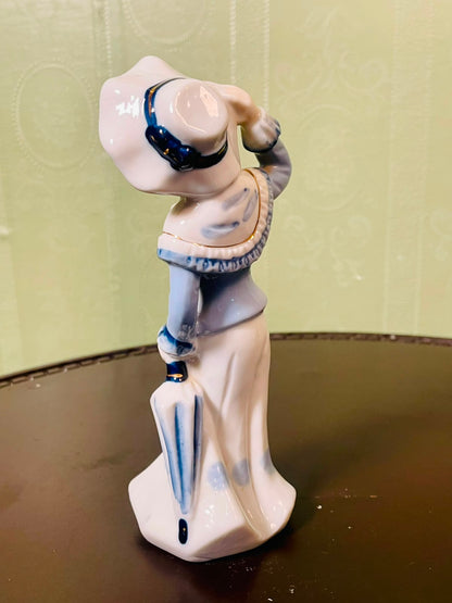 Blue & White Lady with Parasol Ceramic Figurine 16 cm