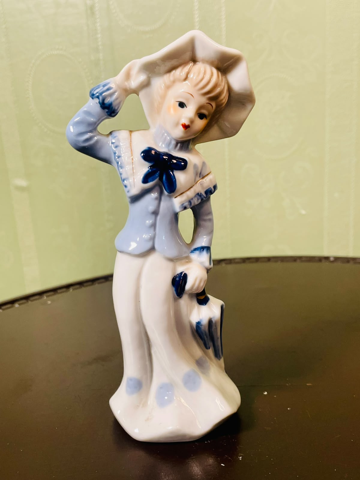 Blue & White Lady with Parasol Ceramic Figurine 16 cm