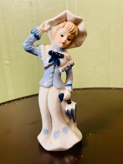 Blue & White Lady with Parasol Ceramic Figurine 16 cm