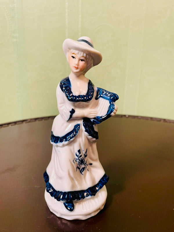 Blue & White Lady Ceramic Figurine with Hat 13 cm