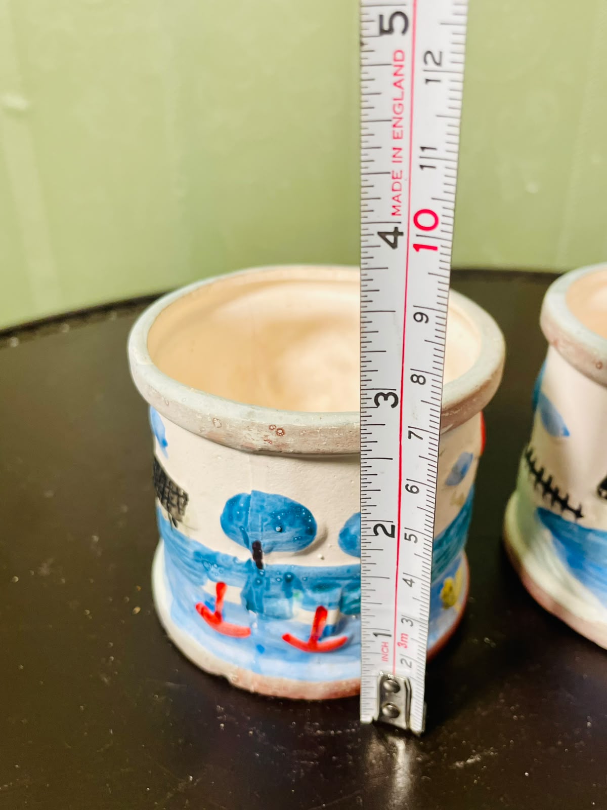 Vintage Ceramic Planter Hand painted Pots Blue Landscape Design Set of 2