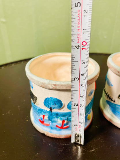 Vintage Ceramic Planter Hand painted Pots Blue Landscape Design Set of 2