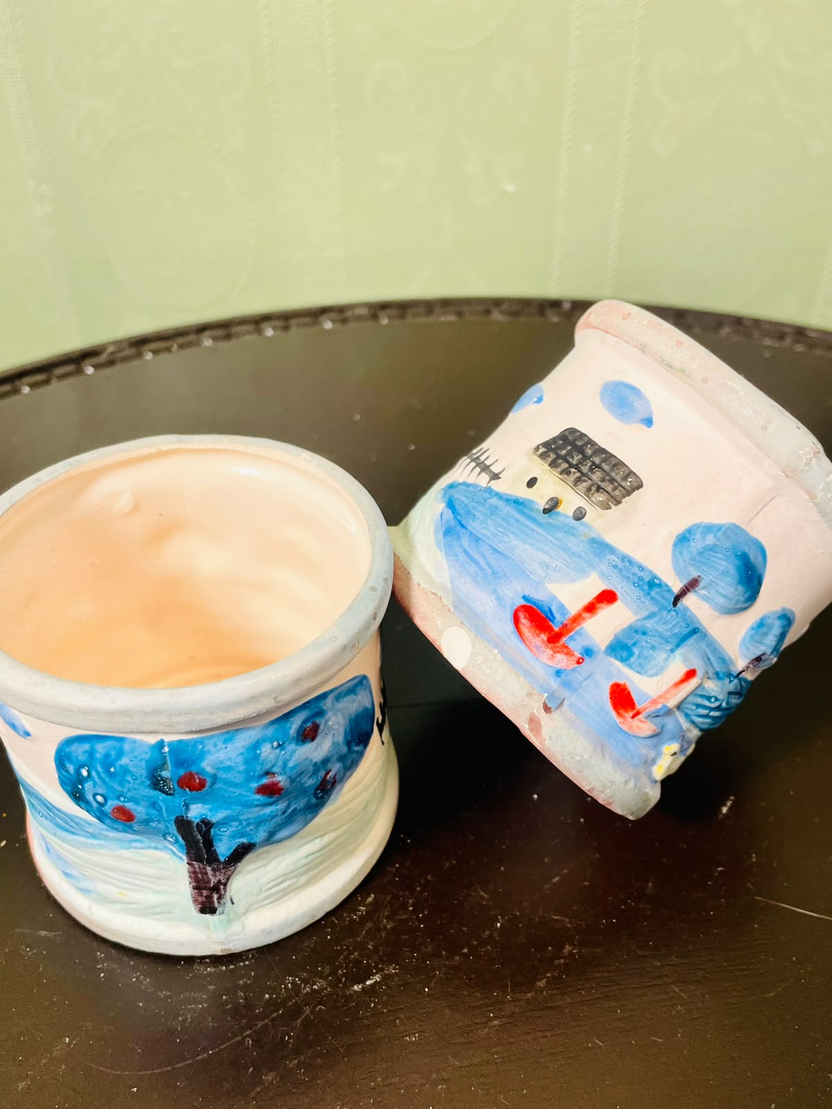 Vintage Ceramic Planter Hand painted Pots Blue Landscape Design Set of 2