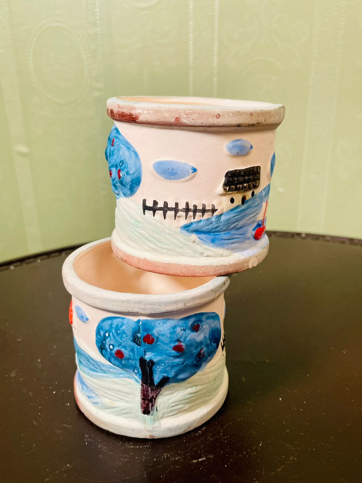 Vintage Ceramic Planter Hand painted Pots Blue Landscape Design Set of 2