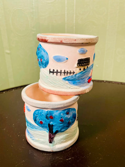 Vintage Ceramic Planter Hand painted Pots Blue Landscape Design Set of 2