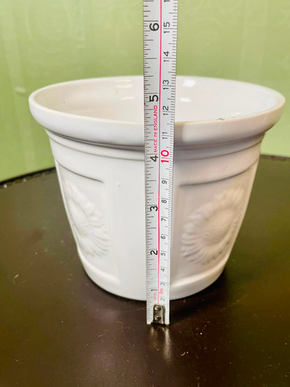Vintage White Ceramic Planter Embossed Floral Design 13 cm